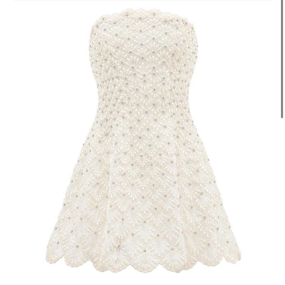 ISO Clio Peppiatt Scallop Strapless Embellished Taffeta Mini Dress in Ivory!